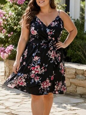 Reitmans Plus Size Black Floral Spaghetti Strap Dress Pink Blue Bloom Viscose